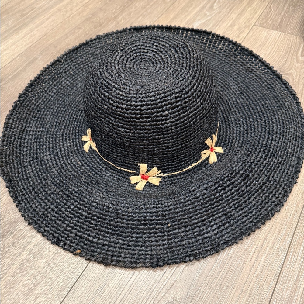 Large Black Sun Hat with Floral Accents made of 100% raffia